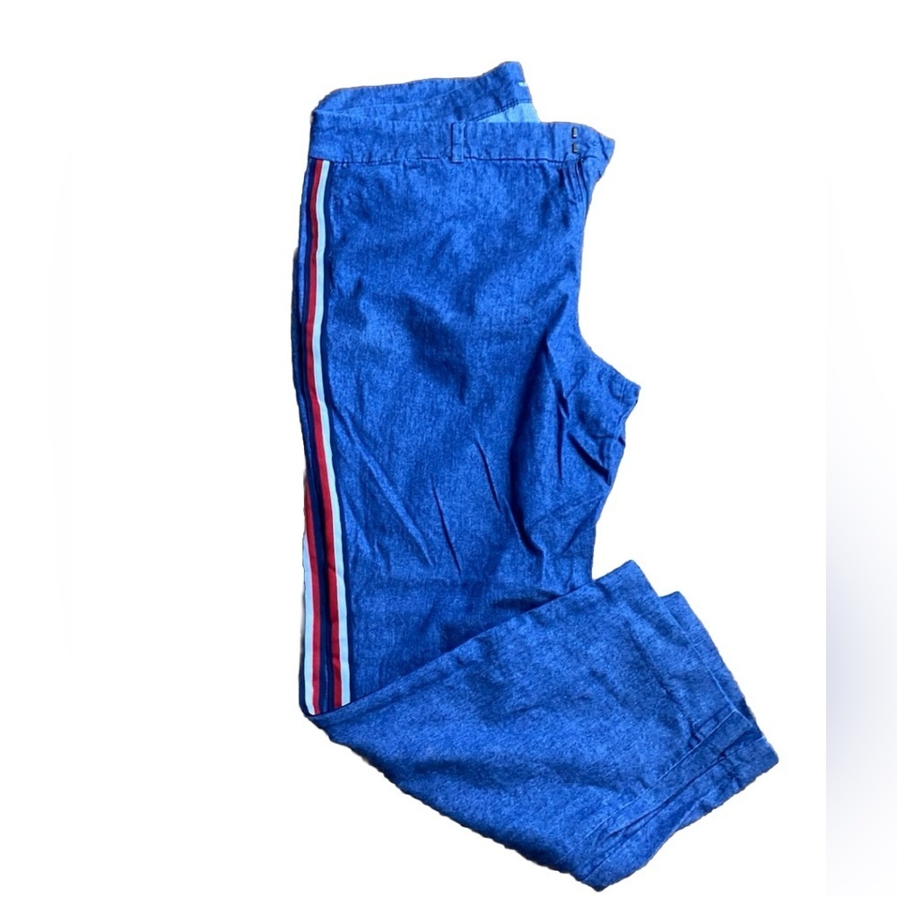Blue Linen Capris with Red and White Stripe